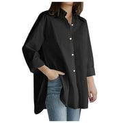 long sleeve shirts for women Plus Size Solid Pocket Loose Casual Button Long Sleeve Shirt womens tops Black
